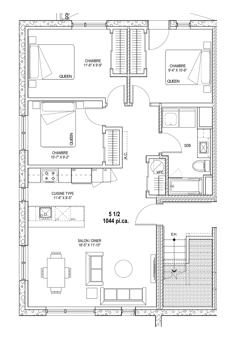 5 ½ — 3 chambres — 1 044 pi. ca.