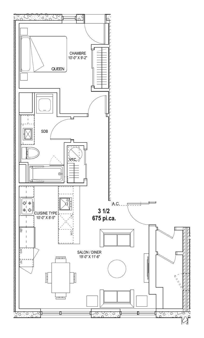 3 ½ — 1 chambre — 675 pi. ca.