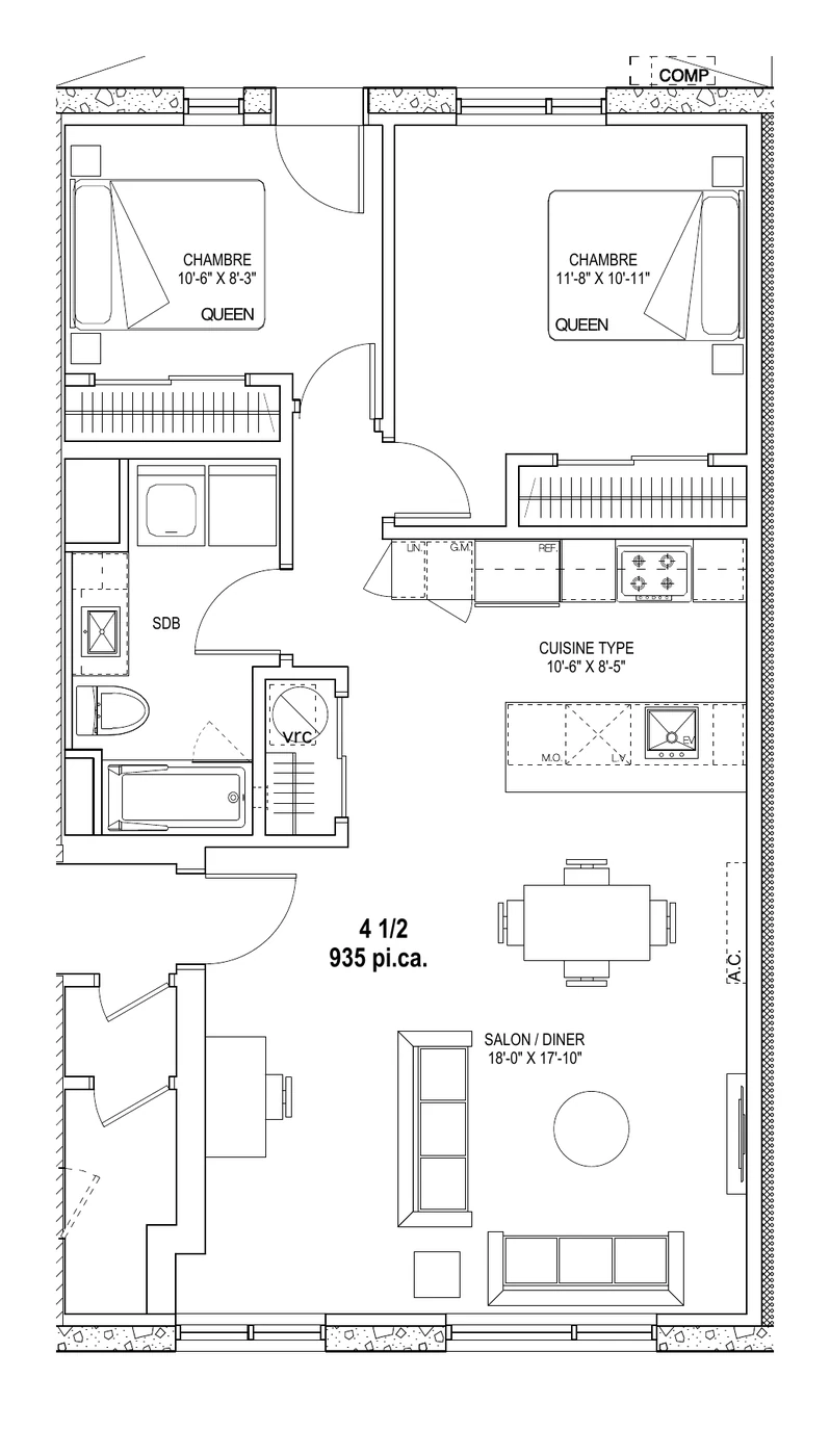 4 ½ — 2 chambres — 935 pi. ca.