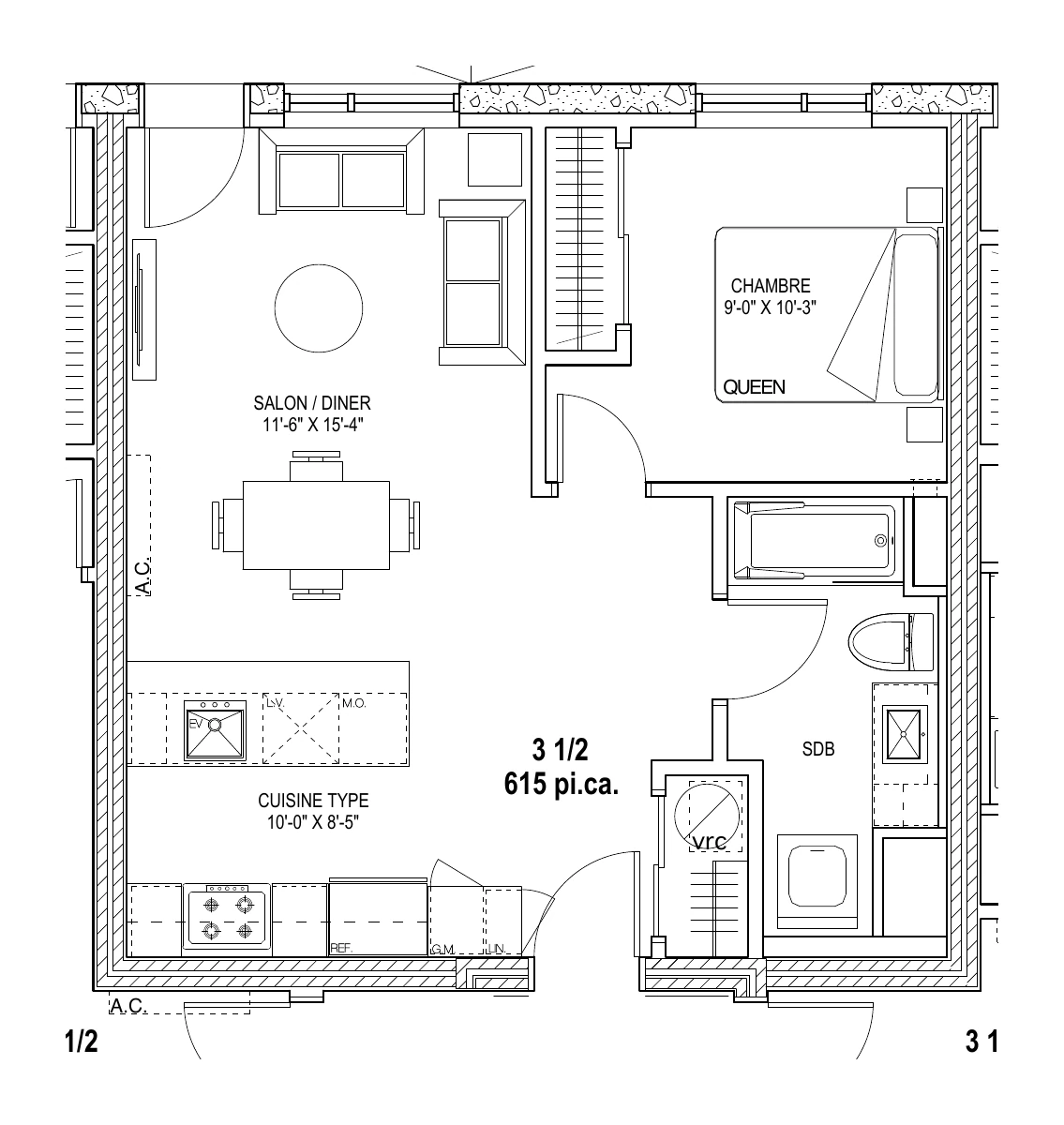 3 ½ — 1 chambre — 615 pi. ca.